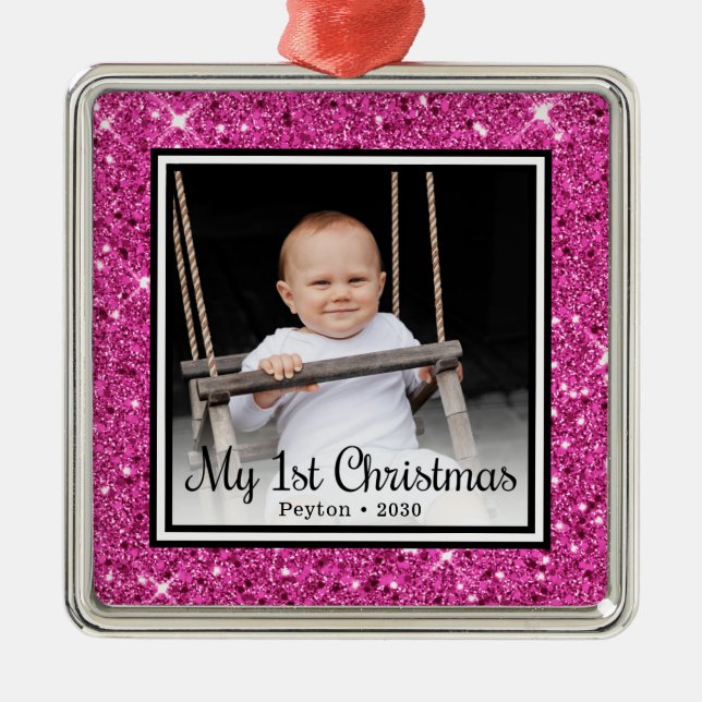 Baby' 1st Christmas Photo Pink Glitter Metal Tree Decoration (Front)