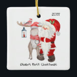 Baby 1st Christmas Photo Santa and Reindeer Ceramic Ornament<br><div class="desc">Upload your favourite baby picture and create your own Baby 1st Christmas keepsake ornament. The design is double-sided and has your personalised text,  the year and a cute illustration of santa,  reindeer and cardinal on the front with your full size photo on the back.</div>