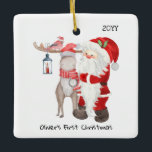 Baby 1st Christmas Photo Santa and Reindeer Ceramic Ornament<br><div class="desc">Upload your favourite baby picture and create your own Baby 1st Christmas keepsake ornament. The design is double-sided and has your personalised text,  the year and a cute illustration of santa,  reindeer and cardinal on the front with your full size photo on the back.</div>