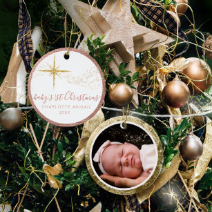Baby 1st Christmas Pink n Gold Glitter Star Photo Ceramic Tree Decoration