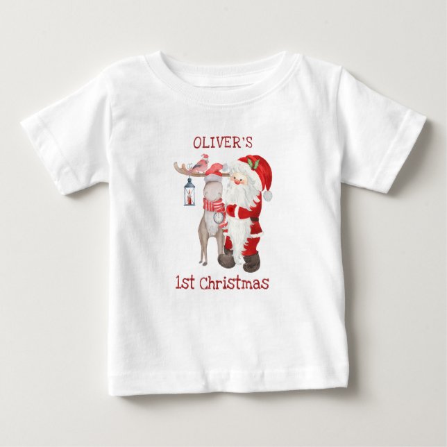 Baby 1st Christmas Santa and Reindeer Personalised T-Shirt (Front)
