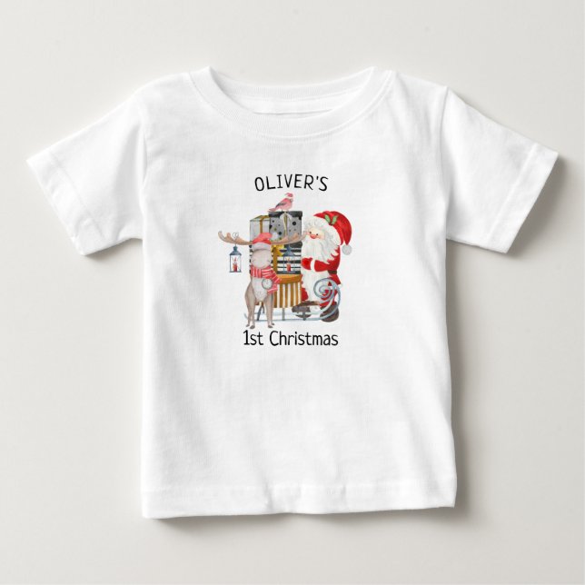 Baby 1st Christmas Santa and Reindeer with Sleigh T-Shirt (Front)