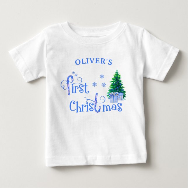 Baby 1st Christmas Tree and Blue Candy Cane Boy T-Shirt (Front)