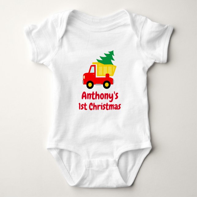 Baby 1st Christmas tree on red truck bodysuit (Front)