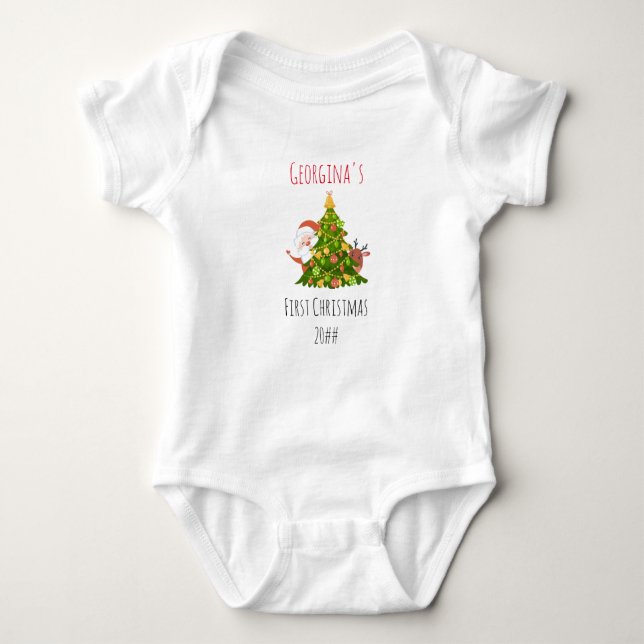 Baby 1st Christmas Tree Personalized Santa Baby Bodysuit (Front)