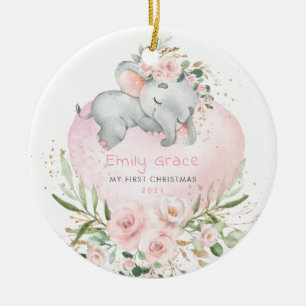Baby 1st First Christmas Blush Floral Elephant Ceramic Tree Decoration