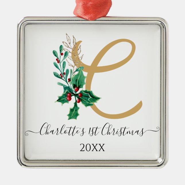 Baby 1st First Christmas Monogram Holly Berry Gold Metal Tree Decoration (Front)