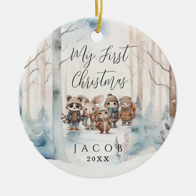 Baby 1st First Christmas Snowy Winter Woodland Cer Ceramic Tree Decoration (Front)