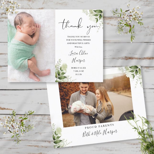Baby 2 Photos Greenery Floral Thank You Birth Announcement Postcard (Baby 2 Photos Greenery Floral Thank You Birth Announcement Postcard)
