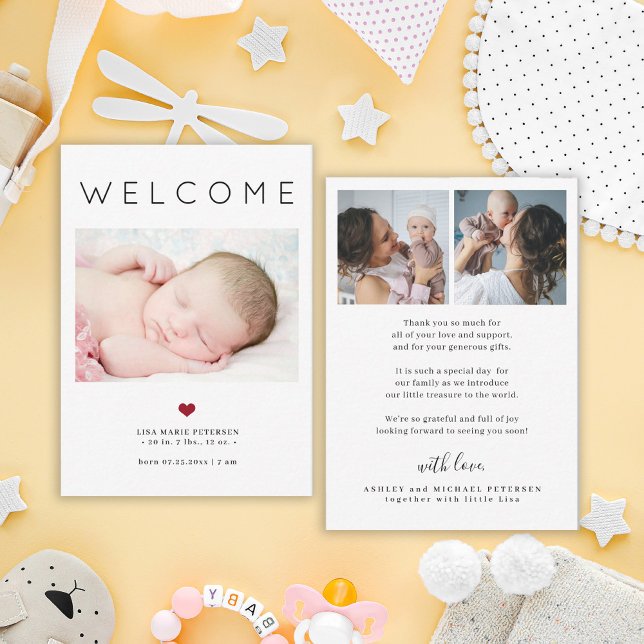 Baby 3 photo welcome typography birth announcement (This is a MINI CARD. Available in bigger sizes)