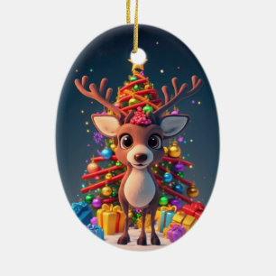 BABY 3D CARTOON REINDEER AND LIT CHRISTMAS TREE CERAMIC TREE DECORATION