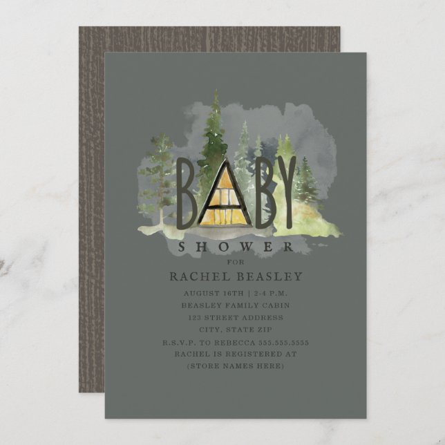 Baby A Frame Woodland Cabin Dark Baby Shower Invitation (Front/Back)