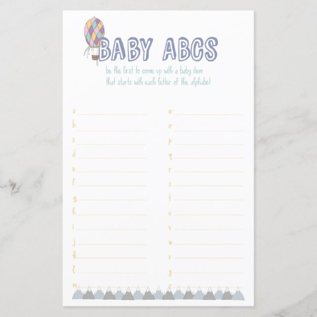 Baby ABC Adventure Baby Shower Game (Front)