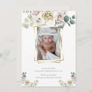 Baby Add Photo Alabaster Peonies Gold Frame Invitation