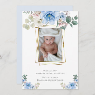 Baby Add Photo Blue Peonies Gold Frame Invitation