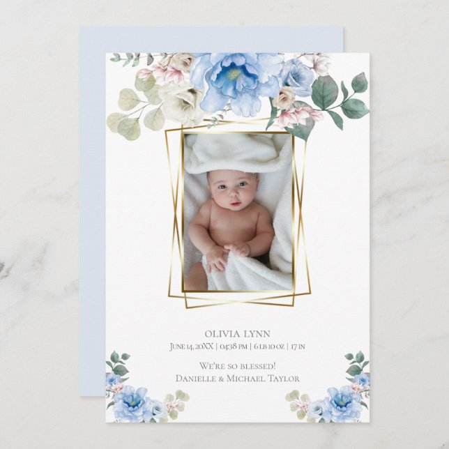 Baby |  Add Photo Blue Peonies Gold Frame Invitation (Front/Back)