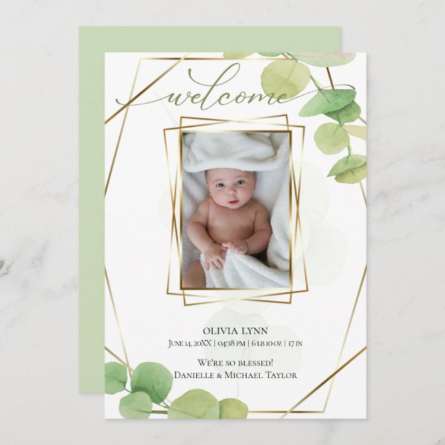 Baby |  Add Photo Modern Springtime Eucalyptus Invitation (Front/Back)