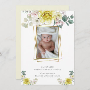 Baby Add Photo Yellow Peonies Gold Frame Invitation