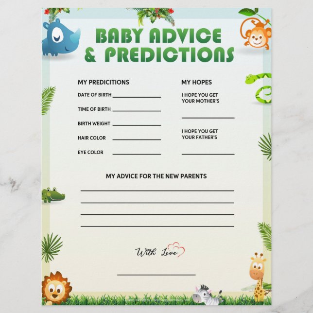 Baby Advice & Predictions [Animal Theme] Custom Letterhead (Front)