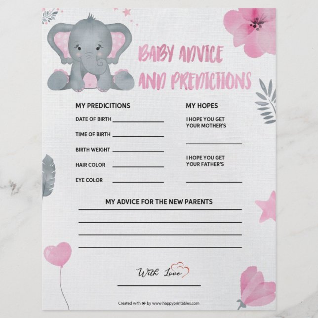 Baby Advice & Predictions [Baby Elephant [Pink]] Custom Letterhead (Front)