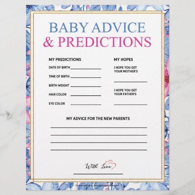 Baby Advice & Predictions [Floral Watercolors] Custom Letterhead (Front)