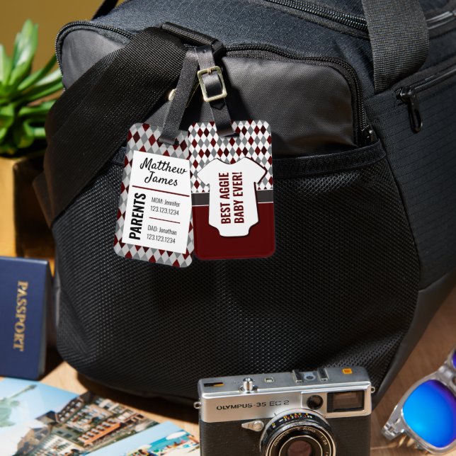Baby Aggie Maroon Grey Argyle Pattern Bag Tag (Front & Back)