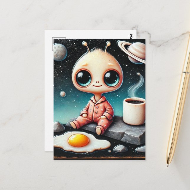 Baby Alien with Coffee and Egg Postcard (Front/Back In Situ)