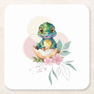 Baby Alligator Hatching Floral Baby Shower Square Paper Coaster
