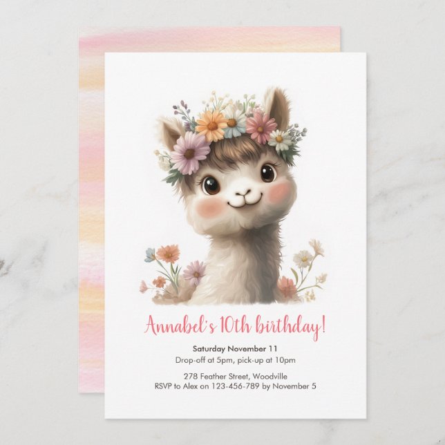Baby Alpaca Girls Birthday Invitation (Front/Back)