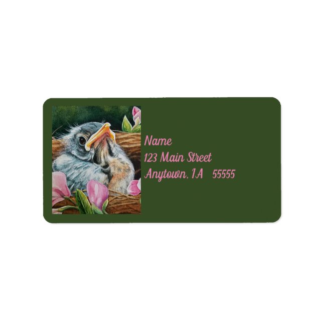 Baby American Robin Bird in Nest Watercolor Art Label (Front)