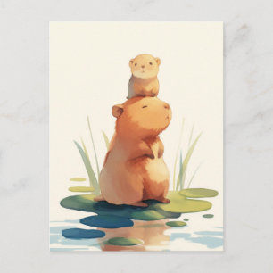 Baby and Adult Capybara Stack on Lily Pad Pond Postcard
