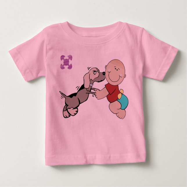 Baby And Dog Friend On Baby Creepers Baby T-Shirt (Front)