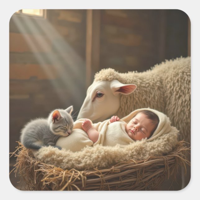 Baby and Kitten Sleeping In a Barn  Square Sticker (Front)
