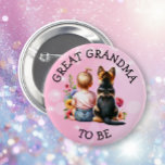 Baby and Puppy Great Grandma to be Baby Shower   6 Cm Round Badge<br><div class="desc">Great Grandma to be baby shower buttons. Sweet baby girl sitting next to her little puppy German Shepherd in a patch of pretty watercolor flowers. Pink and blue butterflies and pretty wildflowers.</div>