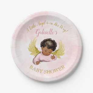 Baby Angel Girl Pink Gold African American Paper Plate