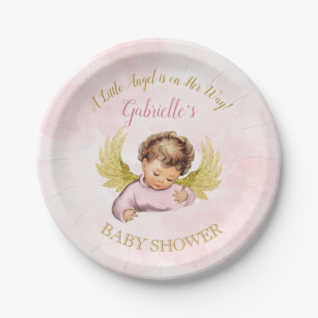 Baby Angel Girl Pink Gold Little Angel On Her Way Paper Plate (Front)
