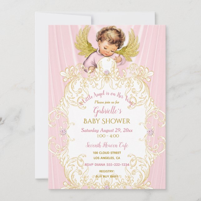 Baby Angel Pink Gold Girl Invitation (Front)