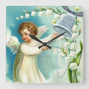 Baby Angel With Blue Bell Square Wall Clock