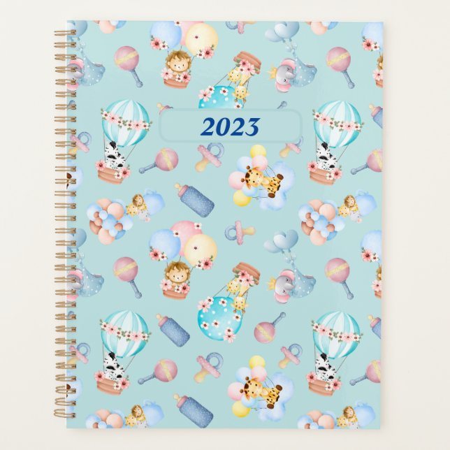 Baby Animal Balloon Toys Blue Themed Personalised Planner (Front)