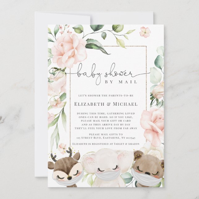 Baby Animal Blush Flowers Baby Shower By Mail Invitation (Front)