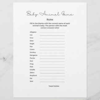 Baby Animal Game for Baby Shower with Answers Custom Letterhead