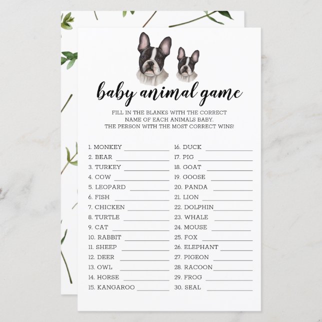 Baby Animal Game French Bulldog Baby Shower BW (Front/Back)