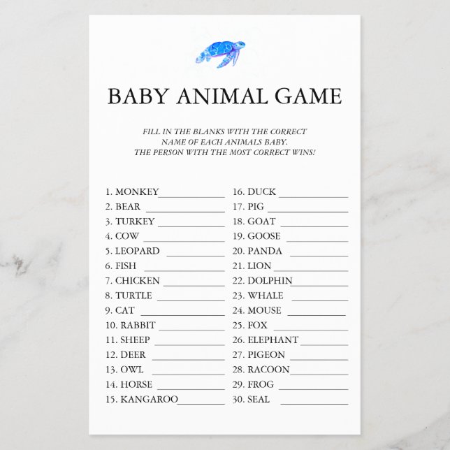 Baby Animal Game Under the Sea Baby Shower Flyer (Front)