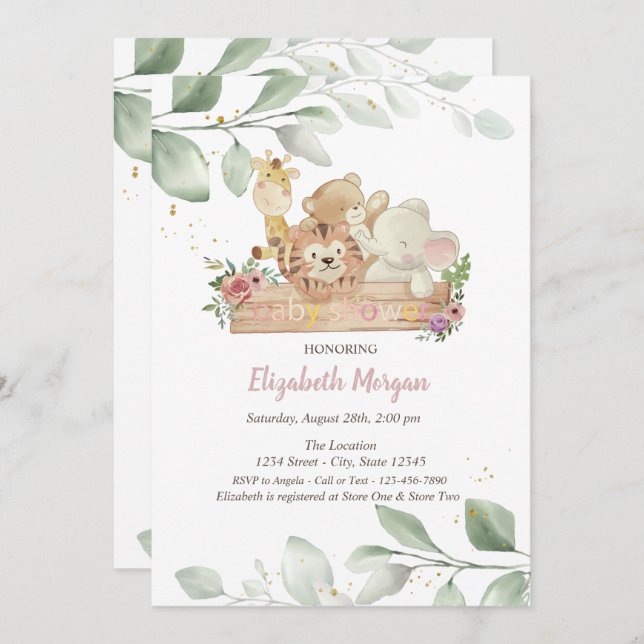 Baby Animals Flowers Leaves Baby Shower Invitation (Front/Back)