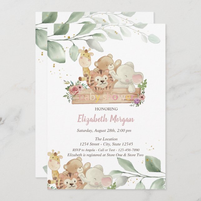 Baby Animals Forest Leaves Baby Shower Invitation (Front/Back)