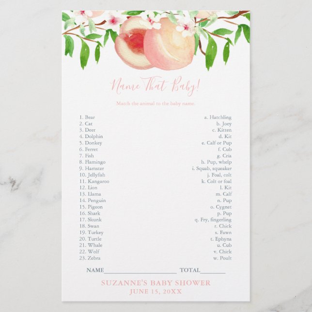 Baby Animals Game Card Sweet Peach Shower (Front)