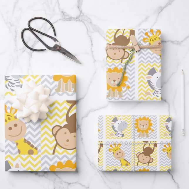 Baby Animals Giraffe,  Monkey, Lion, Zebra Theme Wrapping Paper Sheet (Front)