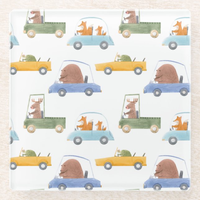 Baby animals: hand-drawn watercolor pattern. glass coaster (Front)