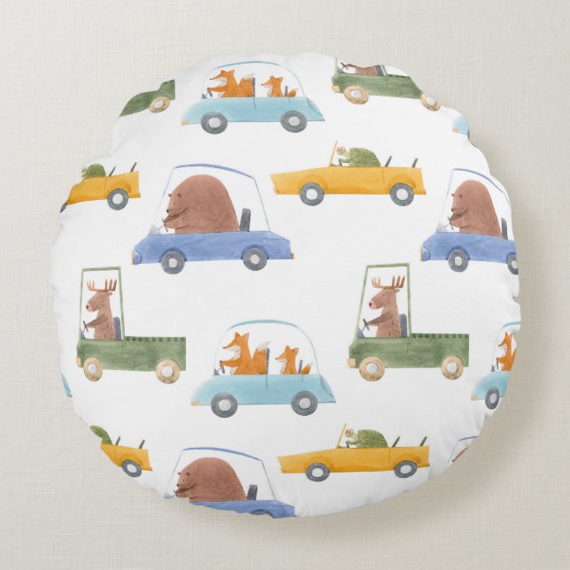 Baby animals: hand-drawn watercolor pattern. round cushion (Front)