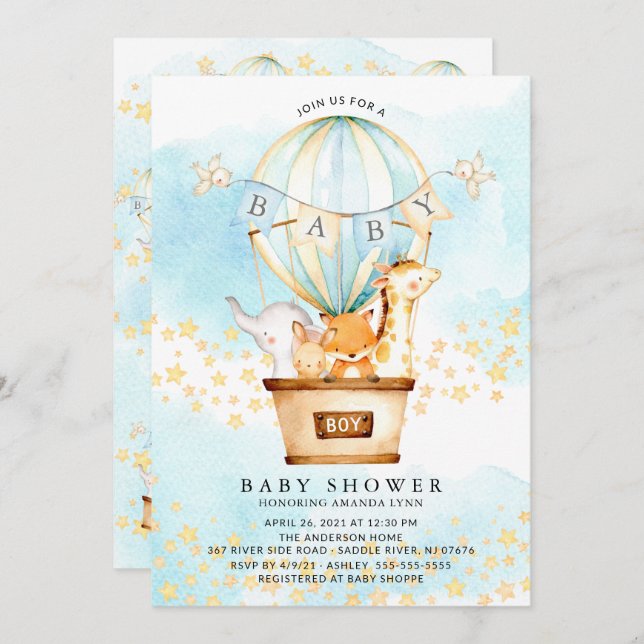 Baby Animals Hot Air Balloon Baby Boy Shower Invitation (Front/Back)